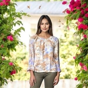 NINE WEST Women's Sheer Floral Chiffon Blouse XXL Long Bell Sleeve Pastel NWT